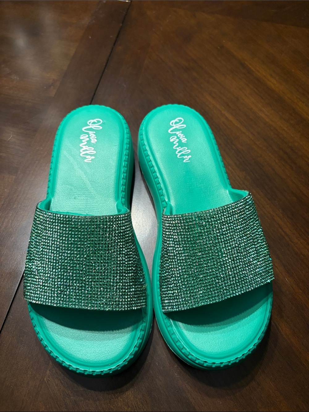 Olivia Miller Teal Crystal Slide Sandals